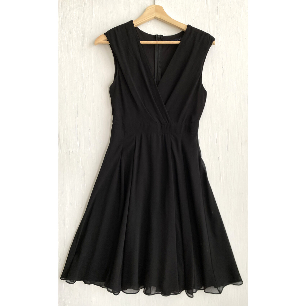 ZARA Black Chiffon Fit Flare A Line Dress Wrap Surplice Neckline Lined Size S